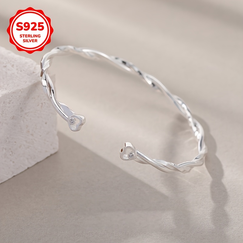 925 Minimalist Twisted Line Heart-Entwined Open Bangle Bracelet